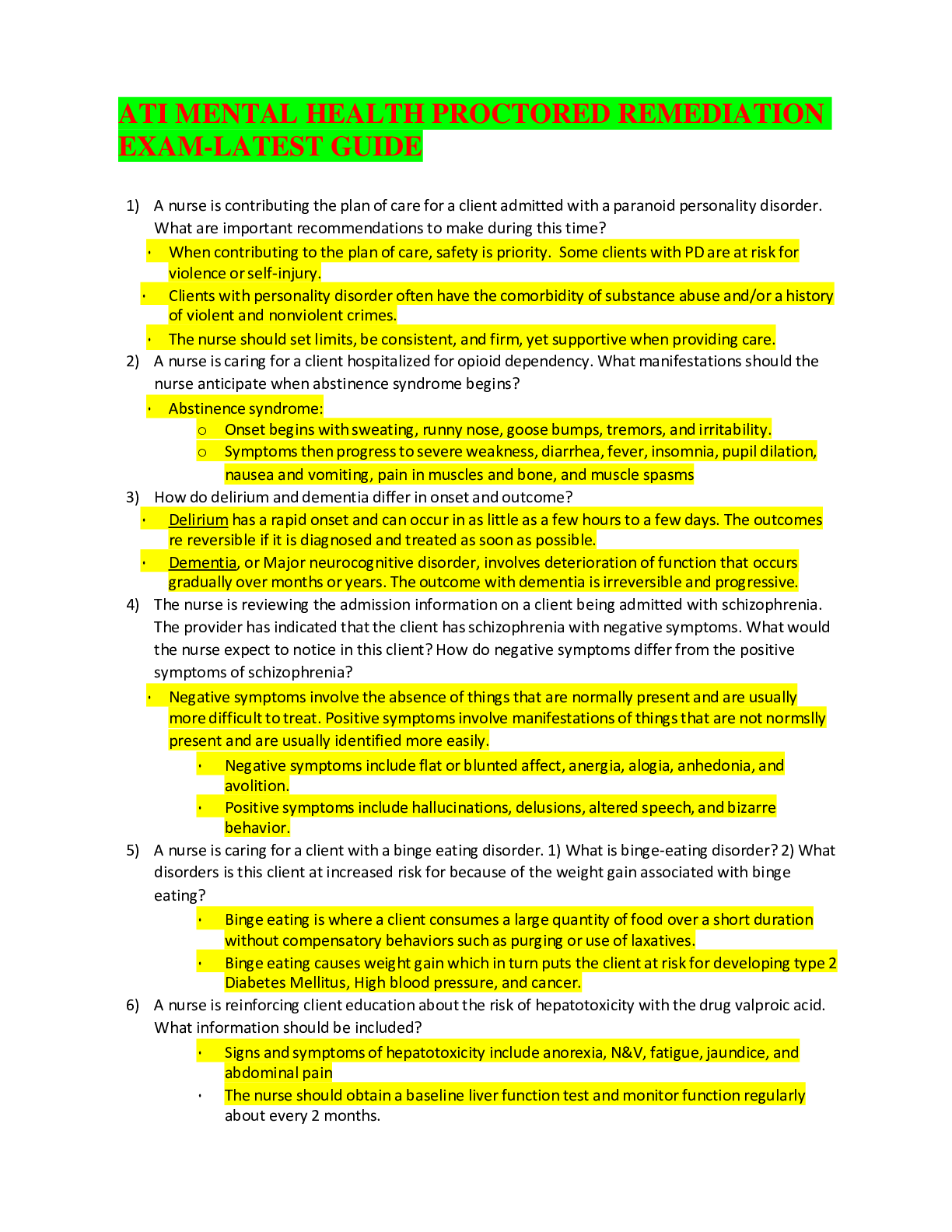 Preview image for ATI MENTAL HEALTH PROCTORED REMEDIATION EXAM-LATEST GUIDE